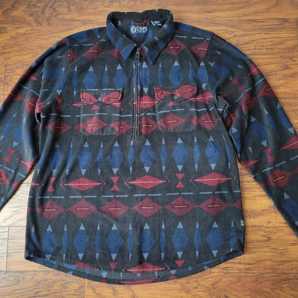CHAPS Aztec Red Blue Black Fleece Quarter Zip Collared Pullover Sweater sz XL